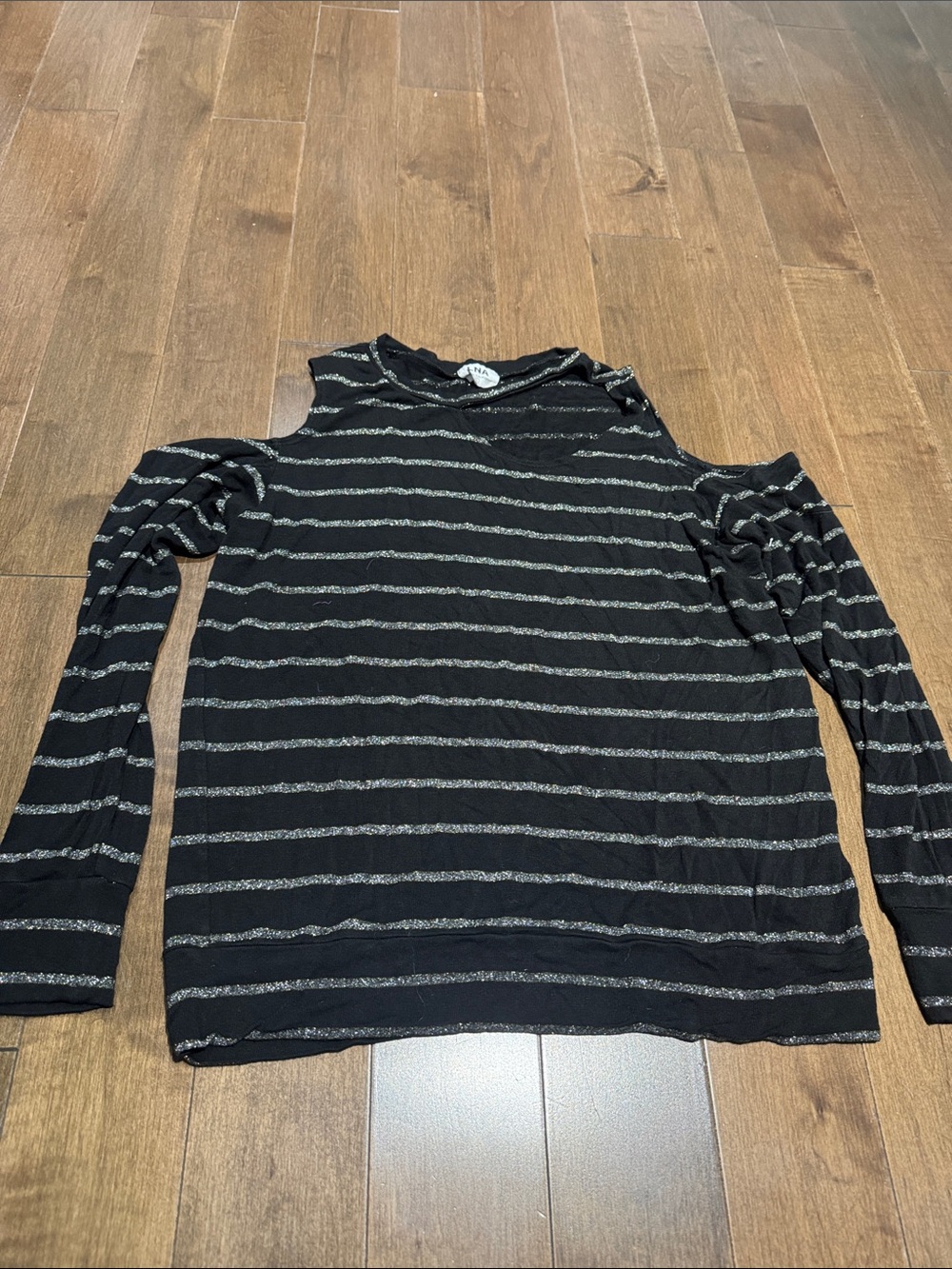 LNA Black Striped Cold-Shoulder Long Sleeve Tee